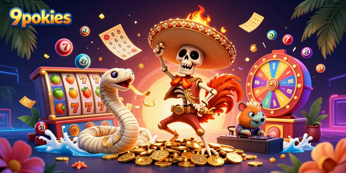 Engaging scene featuring 9pokies characters with vibrant elements, celebrating big wins in a casino atmosphere.