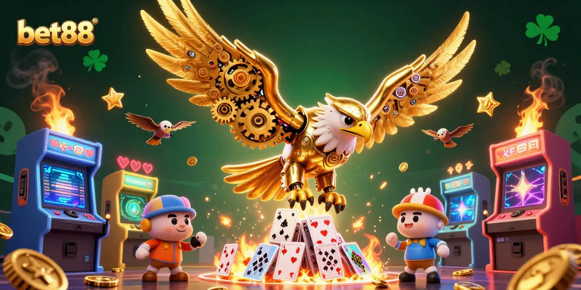 Bet88 showcases a vibrant 3D gaming scene with a cybernetic eagle amidst casino elements.