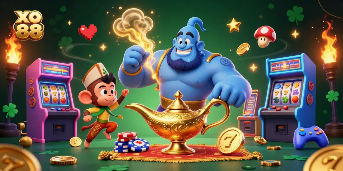 Experience excitement at xo 88 with a genie and casino elements in this vibrant 3D illustration.