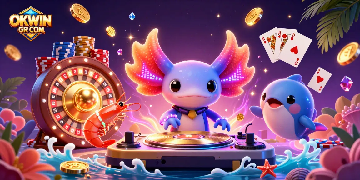 Experience live gambling excitement with OKWIN GR COM, featuring dynamic casino elements and vibrant characters.