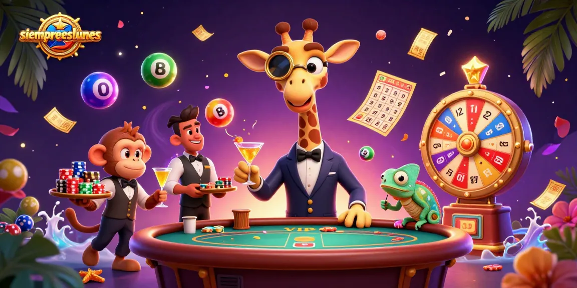 Engage with siempreeslunes as a high-roller giraffe plays poker amidst a vibrant casino atmosphere.