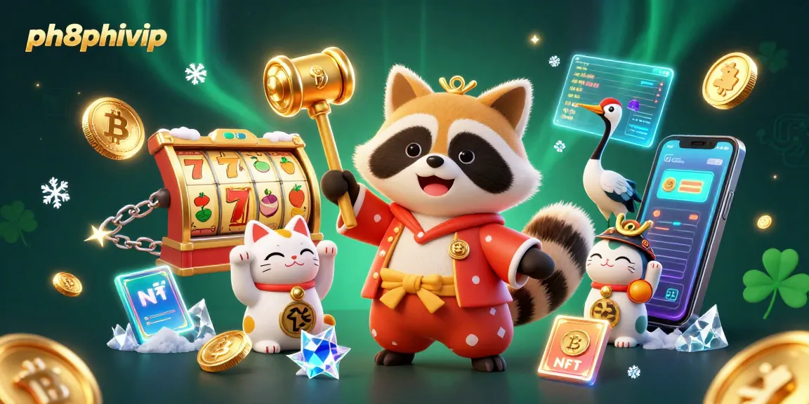 Experience thrilling gameplay at ph8phivip with cheerful tanuki, crypto coins, and slot game elements.