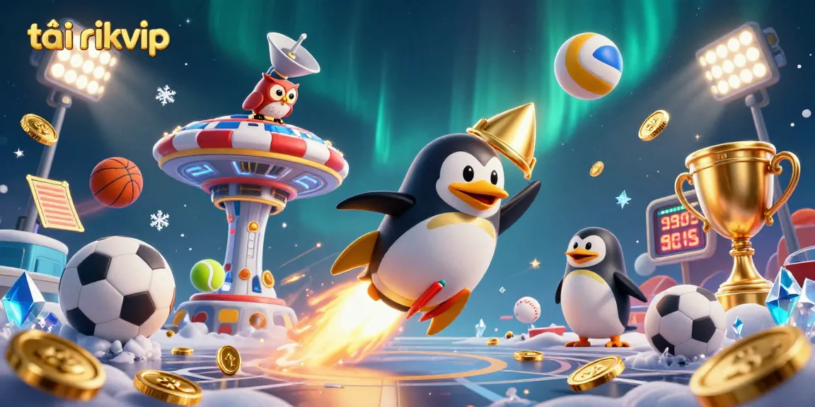 Experience the thrill of tải rikvip with a dynamic 3D illustration of a golden penguin and casino elements.