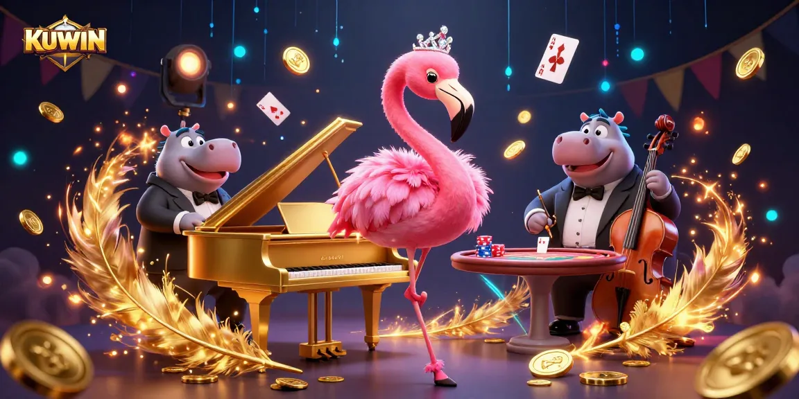 Experience KUWIN's vibrant casino scene, featuring animated characters and dynamic poker elements.