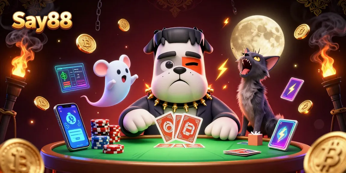 Experience thrilling card games at Say88 with a fun, spooky atmosphere featuring a Frankenstein bulldog and ghostly elements.