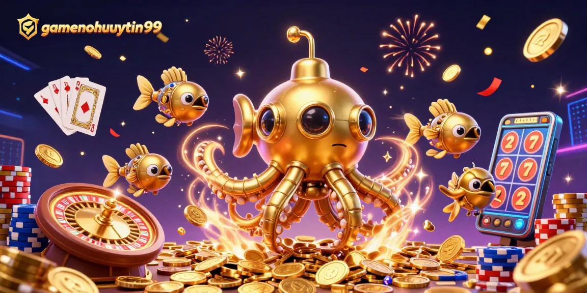 Experience the excitement of gamenohuuytin99 with vibrant 3D casino elements and dynamic gold coins.