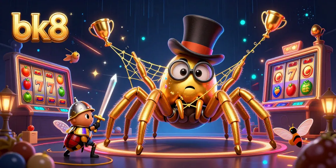 Engage with bk8's exciting casino experience featuring a lively tarantula and beetle knight amidst vibrant slot elements.