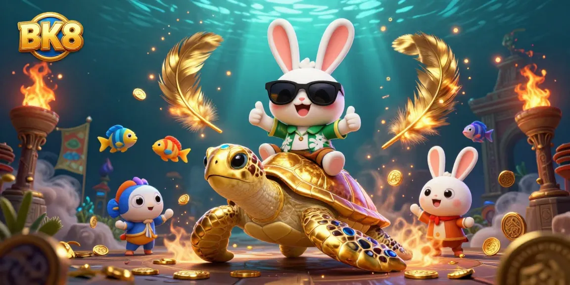 Experience BK8's thrilling casino adventures with a lucky rabbit and golden sea turtle amidst vibrant undersea elements.