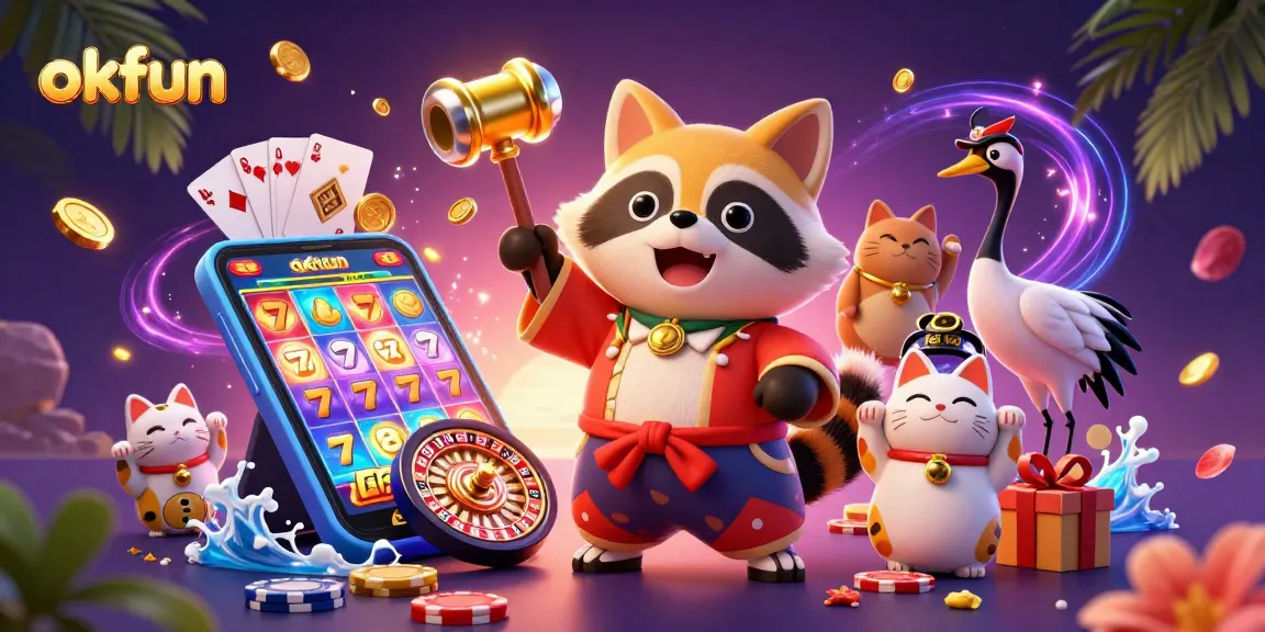 Play engaging slot games at okfun with colorful 3D characters and dynamic casino elements around them.