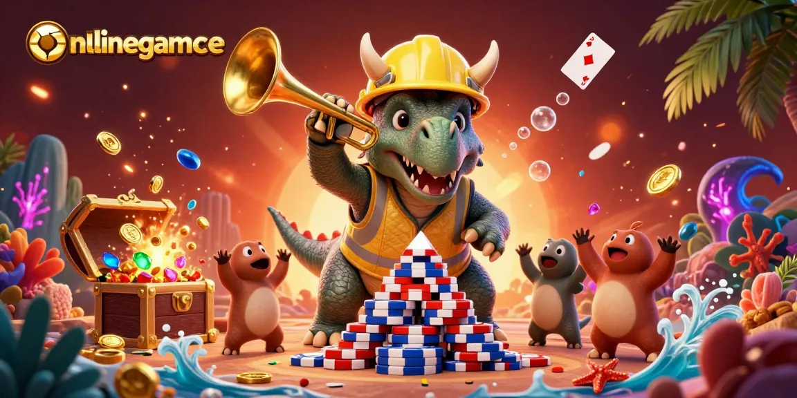 Experience thrilling action with onlinegamebanca as a triceratops builds poker chips amid vibrant casino elements.