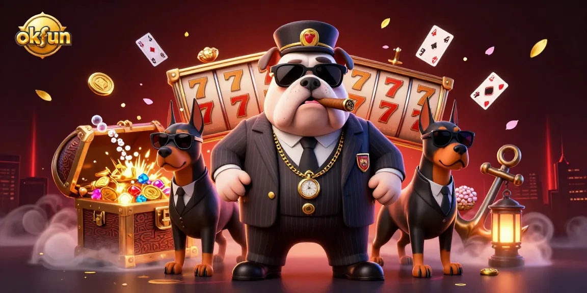 Engage in thrilling play with okfun at a vibrant casino scene featuring animated characters and slot elements.