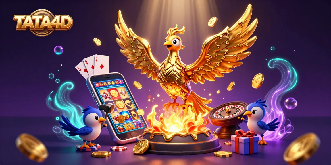 TATA4D transforms gaming with a molten metal phoenix and vibrant casino elements, embodying excitement.