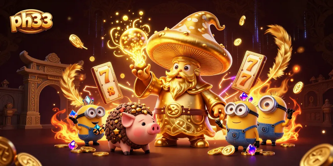 Experience thrilling wins at ph33 with an enchanting golden mushroom wizard in this dynamic casino scene.
