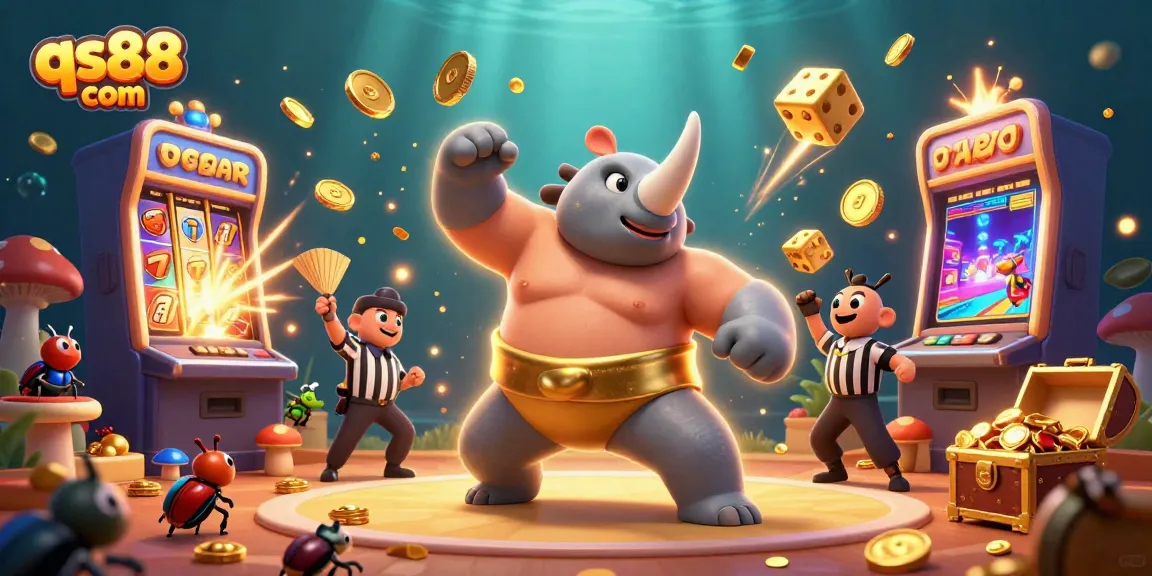 Experience thrill with qs88 com as cartoon beetle champions stomp and scatter golden coins in a vibrant casino scene.