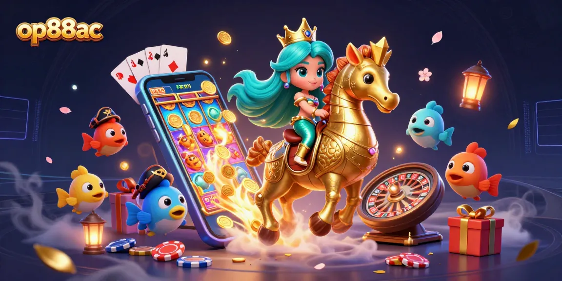 Experience op88ac's exciting slot games with a vibrant 3D illustration featuring a mermaid, seahorse, and colorful elements.
