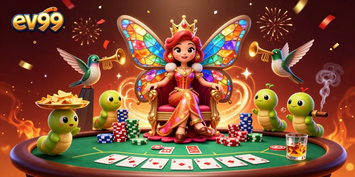 Experience the excitement of ev99 with a stunning casino scene featuring a butterfly queen and dynamic poker elements.