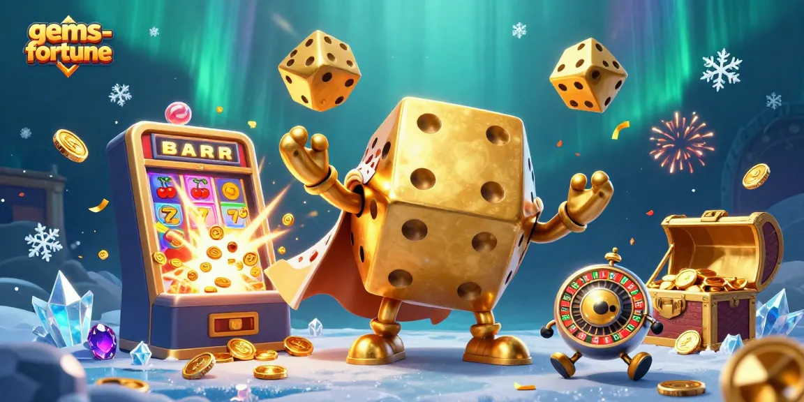 Experience gems-fortune in this vibrant casino scene with animated golden dice and exciting slot machines.
