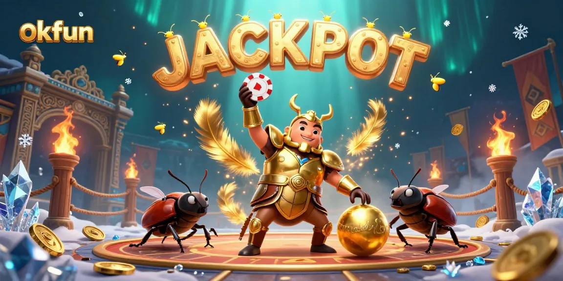 okfun showcases a victorious beetle lifting a poker chip amid a vibrant casino scene with fireflies spelling JACKPOT.