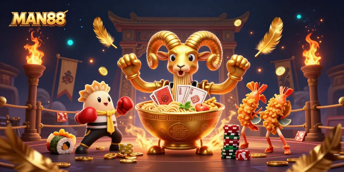 MAN88 adrenaline-fueled action with whimsical characters and golden elements in a dynamic casino scene