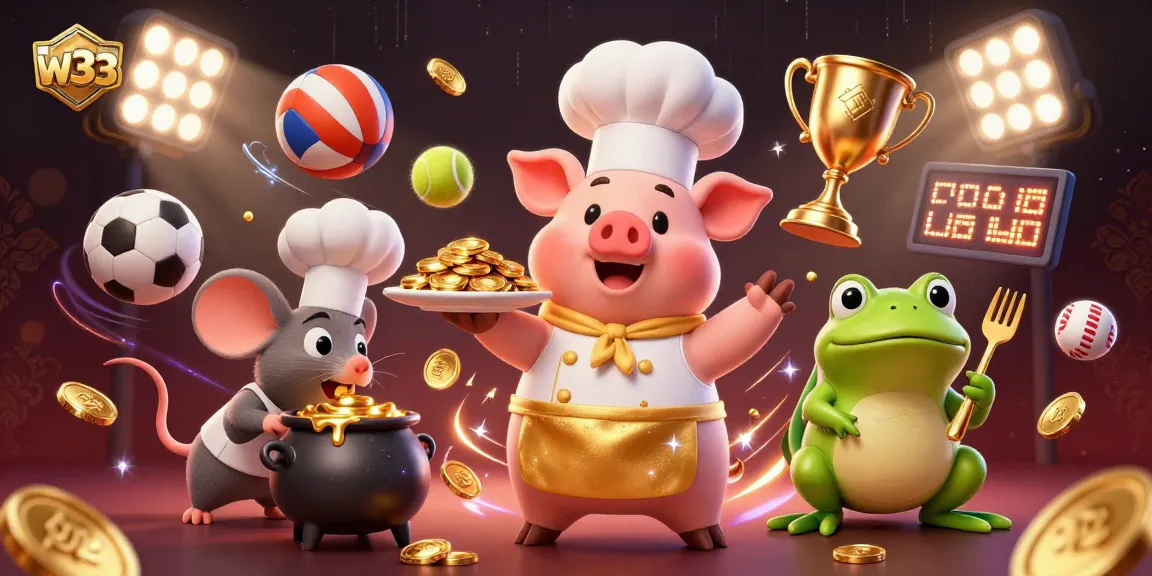 Engage with exciting gameplay at w33, featuring a chef pig serving gold coins amid thrilling sports elements.