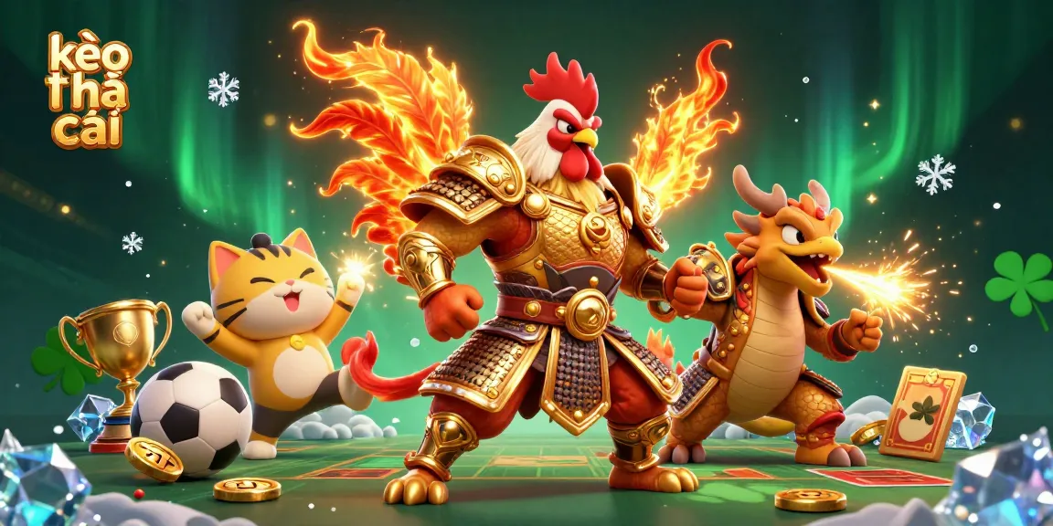 Engage in strategic sports betting with kèo nhà cái featuring a golden rooster warrior and dragon hatchling.