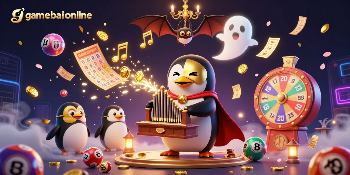 Immerse in gamebaiionline as a phantom penguin leads with golden coins raining down in a vibrant casino scene.
