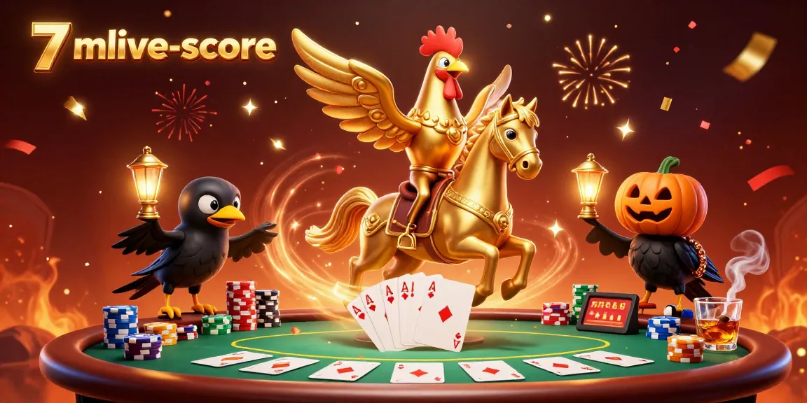 Experience thrilling gameplay with 7mlive-score, featuring a festive casino scene filled with dynamic characters and poker elements.