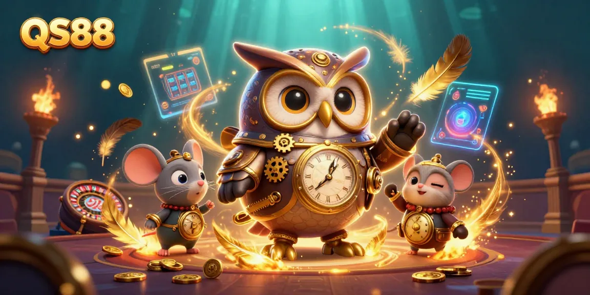Experience thrilling gaming action at QS88 with a time-traveling owl amidst vibrant casino elements.