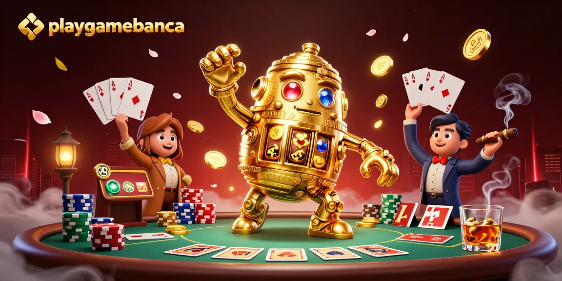 Engage with playgamebanca's vibrant casino scene featuring a golden golem and poker elements.