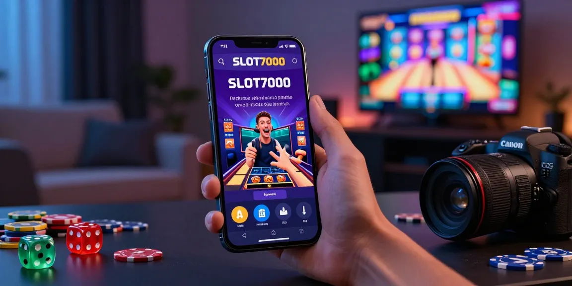 Enjoying SLOT7000 gaming experience on mobile in a vibrant atmosphere.