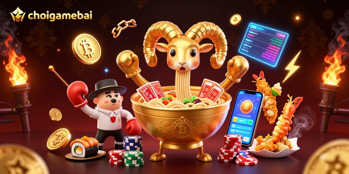 Players strategizing with choigamebai elements like Bitcoin coins and a ramen bowl dealer.