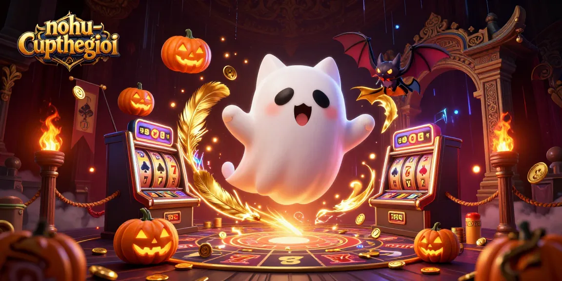 Engage with the ethereal world of nohu-cupthegioi featuring a ghost cat and bat in an elaborate haunted casino scene.
