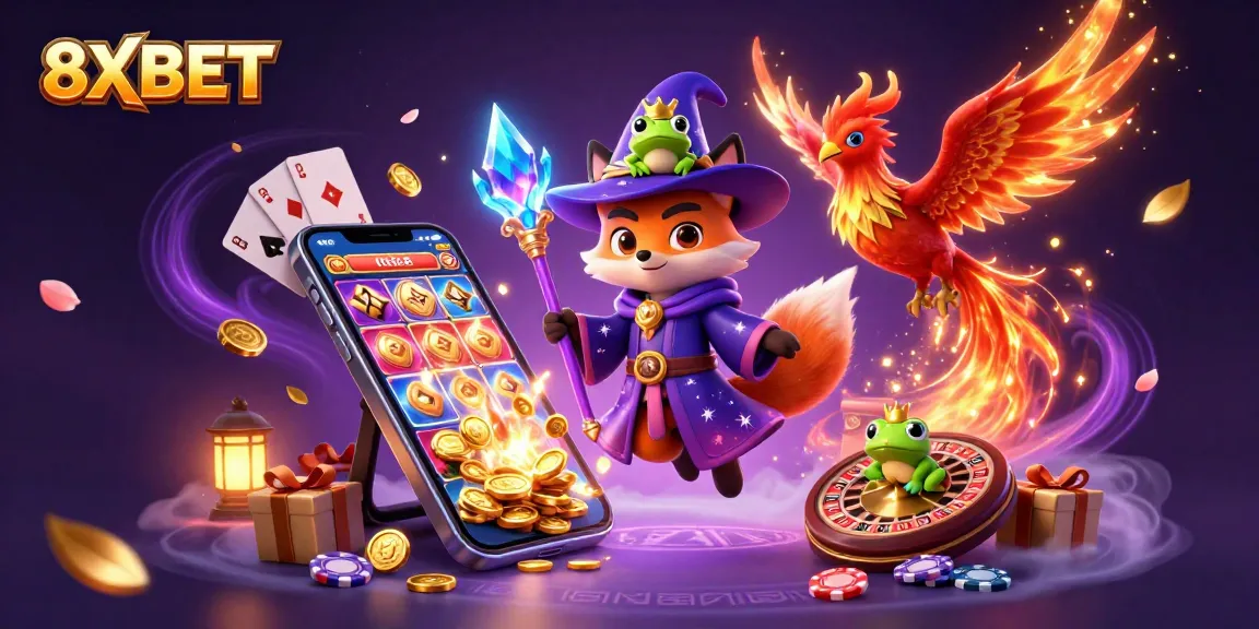 Engage with 8XBET: mystical wizard fox and phoenix among vibrant casino elements.