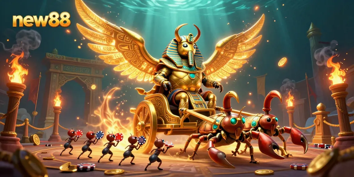Experience triumph with new88 as a golden scarab leads a vibrant gambling scene.