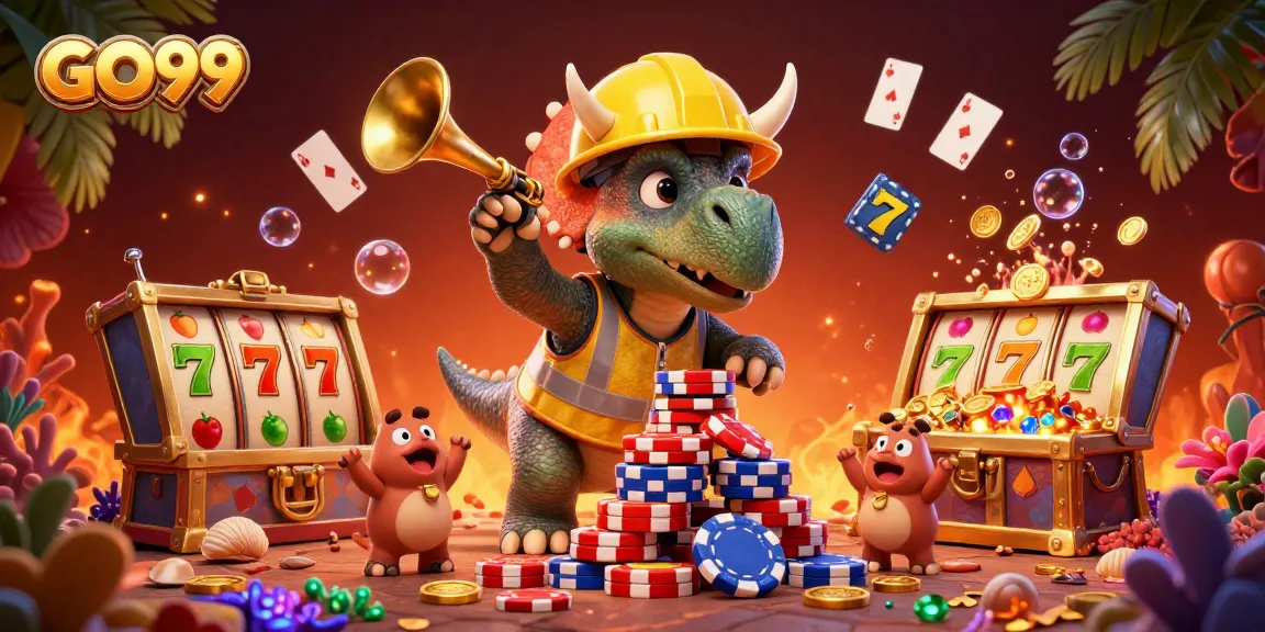 Engage with GO99 through an exciting scene featuring animated dinosaurs cheering and playing cards floating.
