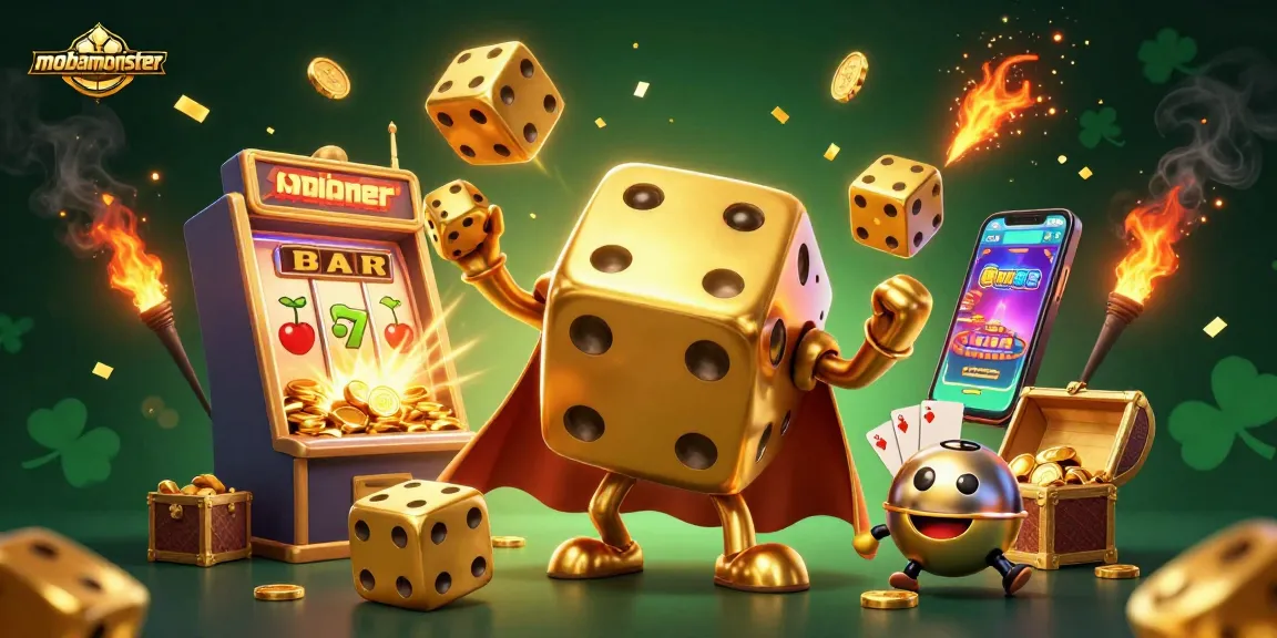 Experience thrilling gaming action at mobamonster with golden dice golem and jackpot elements in a dynamic casino scene.