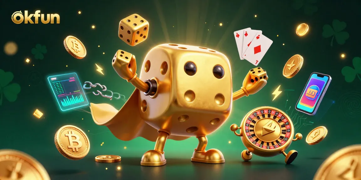 Engage in thrilling games at okfun with a vibrant casino scene showcasing golden dice and cryptocurrencies.