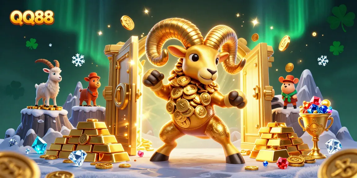 Immerse in the QQ88 experience, where a golden ram charges toward treasure in an enchanting casino scene.