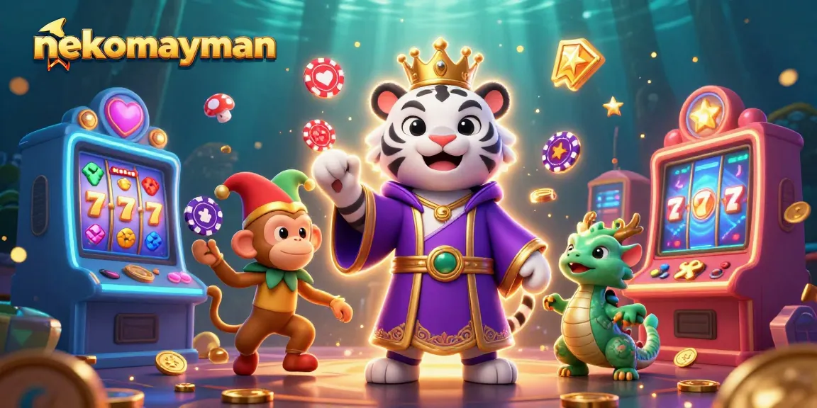 Spin and win with nekomayman featuring a royal tiger, juggling monkey, and lucky dragon in a vibrant casino scene.