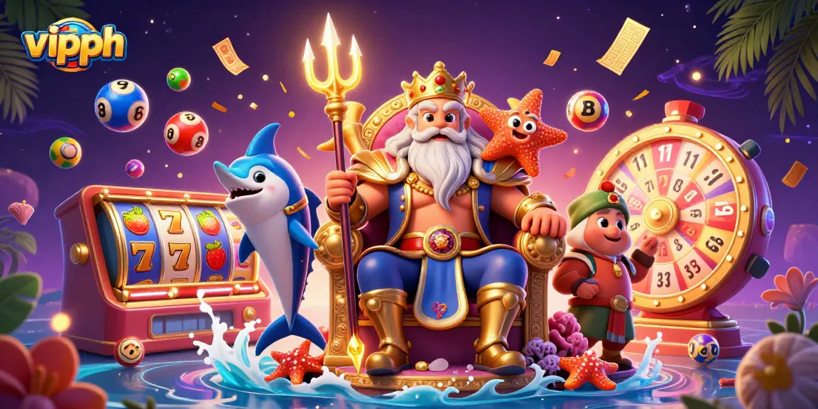 Engage with vipph slot game excitement as Neptune and friends celebrate winnings in a vibrant casino scene.