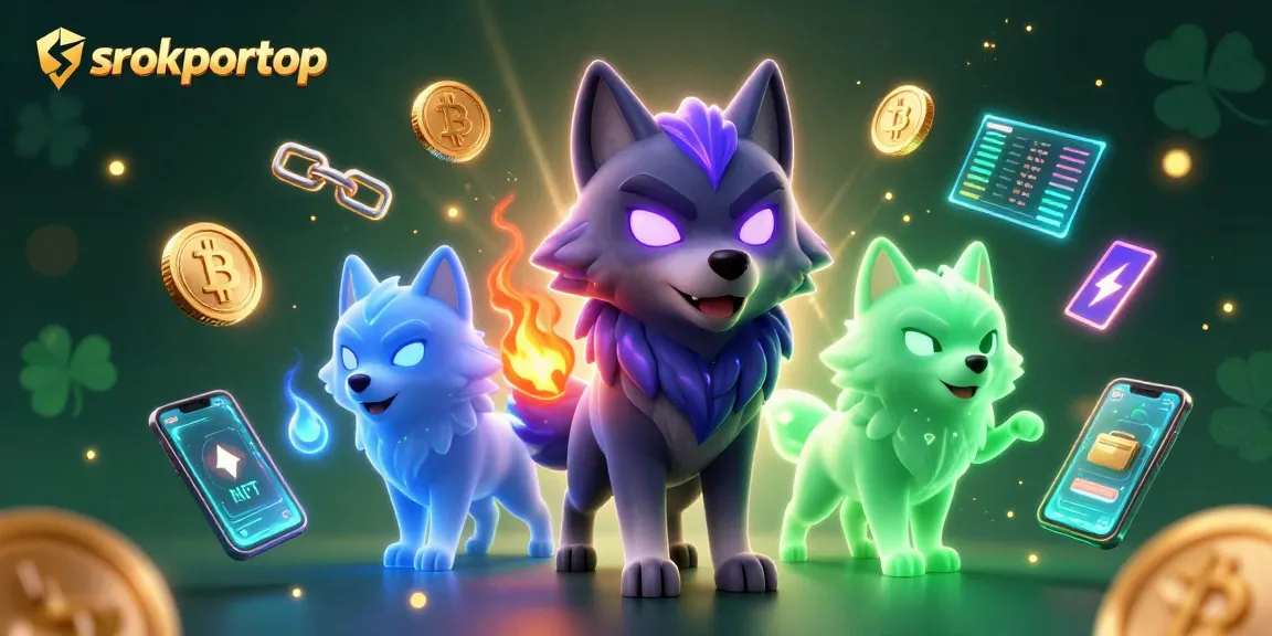 Engage with srokportop's crypto scene featuring spectral wolves and vibrant digital elements.
