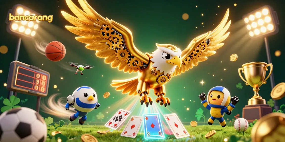 Bancarong showcases a dynamic 3D scene with a golden eagle and sports elements, symbolizing exciting gambling action.