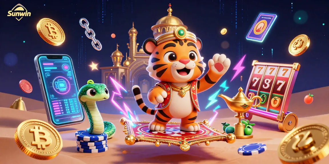 Join Sunwin’s tiger sultan from a flying carpet of poker chips, illuminating a vibrant casino world.