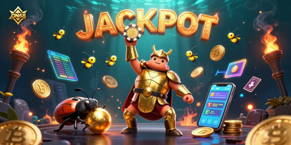 Experience the thrill of winning at ON68 with a vibrant 3D scene featuring heroic characters celebrating a jackpot.
