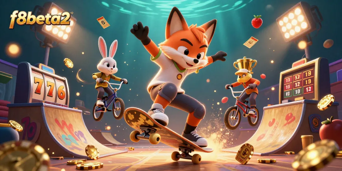 Engage with exciting f8beta2 gameplay featuring vibrant cartoon characters doing tricks above golden casino elements.