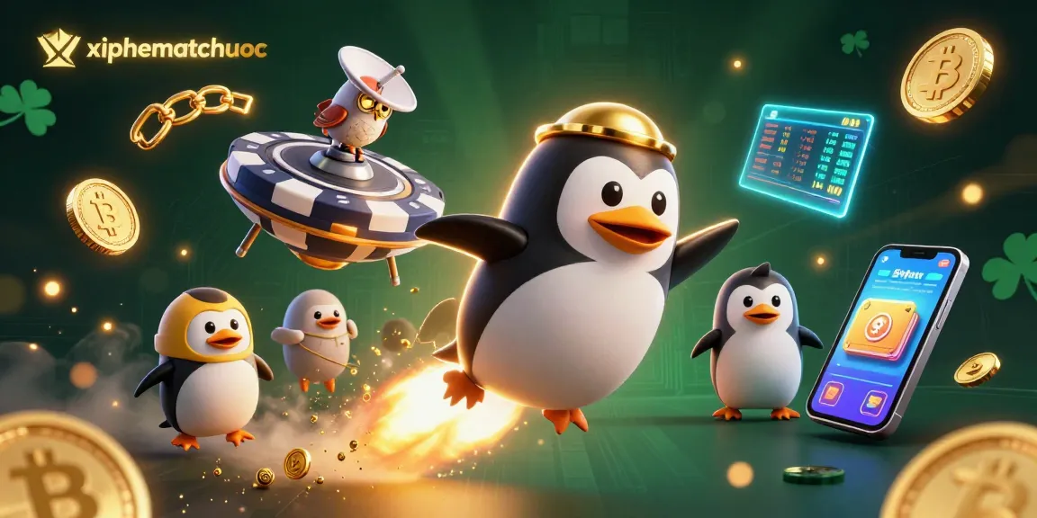 xiphematchuoc inspired 3D illustration of a golden penguin racing toward a poker chip casino